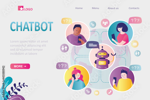 Chatbot, landing page template. Dialogue between various clients and robot. Bot answers questions. Global support service,