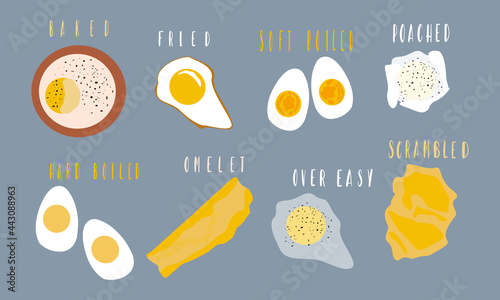 The 8 Essential Methods for Cooking Eggs. Illustration of Egg Cooked in various Methods - Omelet, Poached, Fried, Baked, Soft Boiled, Hard Boiled, Scrambled Egg and over easy 
