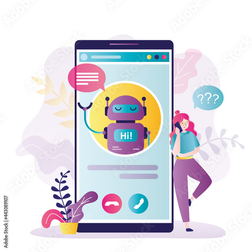 Female character asks for help from chatbot. Call virtual assistant on mobile phone screen. Online client support