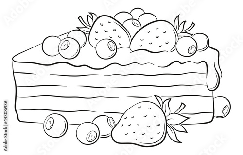 Holiday Cake, Pie with Strawberries and Blueberries, Black Contours Isolated on White Background. Vector