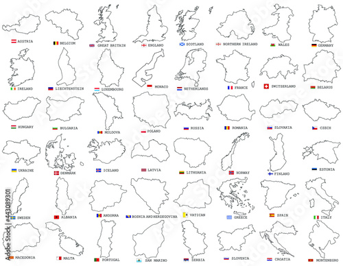 Big vector set of all Europe states, countries line, linear thin maps isolated on white background. High detailed editable illustration of Europe maps. Maps of European countries with names and flags
