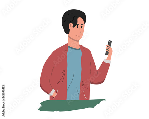 man enjoying playing with smartphone,vector illustration.