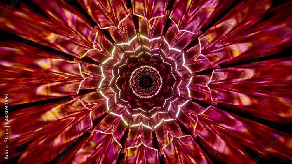 Virtual hypnotizing new-age digital kaleidoscope colorful bright audiovisual music video 4k background tunnel VJ seamless loop