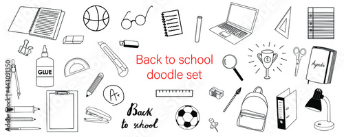 Big Doodle vector hand drawn set of school stationery. Back to school, office supplies, equipment, education. Isolated elements to create your own design, pattern, stickers, typography, digital.