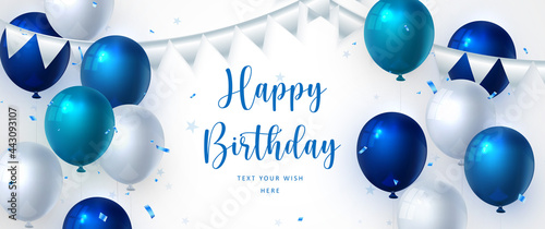 Photo Elegant blue ballon and ribbon Happy Birthday celebration card banner template b