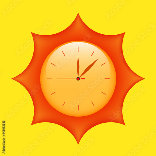 The sun is in the form of a clock. Sun illustration for banners about heat and correct time under the sun. Dangerous sun hours vector 3d illustration.
