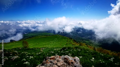 Flower fields, fast flying clouds in mountain landscape. Timelapse video