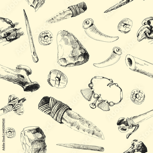 Set of objects kitchenware of the Stone Age life. Seamless pattern. Archaeological finds kitchenware © SERHII