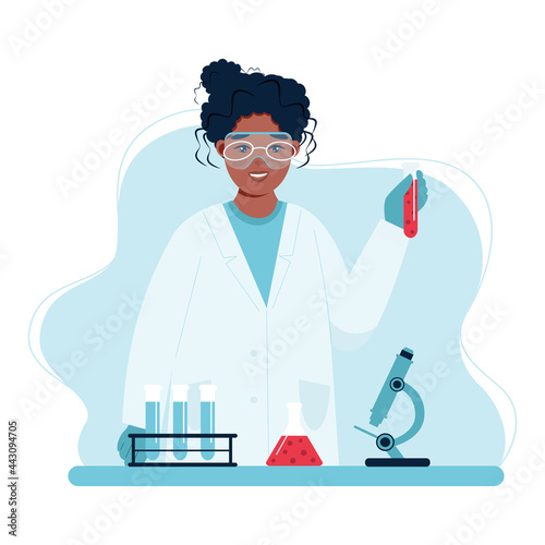 Female doctor in white medical uniform takes blood tests and holds a test tube in her hands. female scientist conducting experiments in lab.  Health chech up or medical insurance concept. Catroon Flat