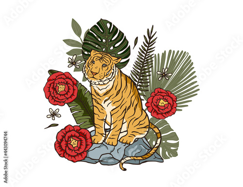 Wallpaper Mural Jungle cartoon tropical Bengal tiger animal printable art. Palm exotic sitting wildlife cat illustration with red flower. Chinese new year 2022. Torontodigital.ca