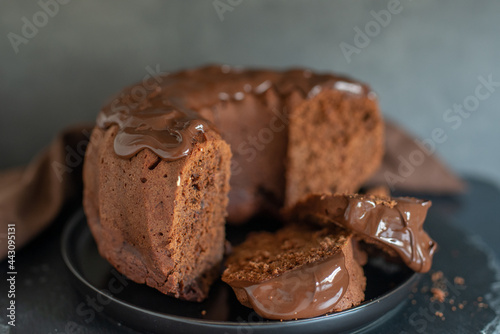 Chocolate bundt cake with slice cut