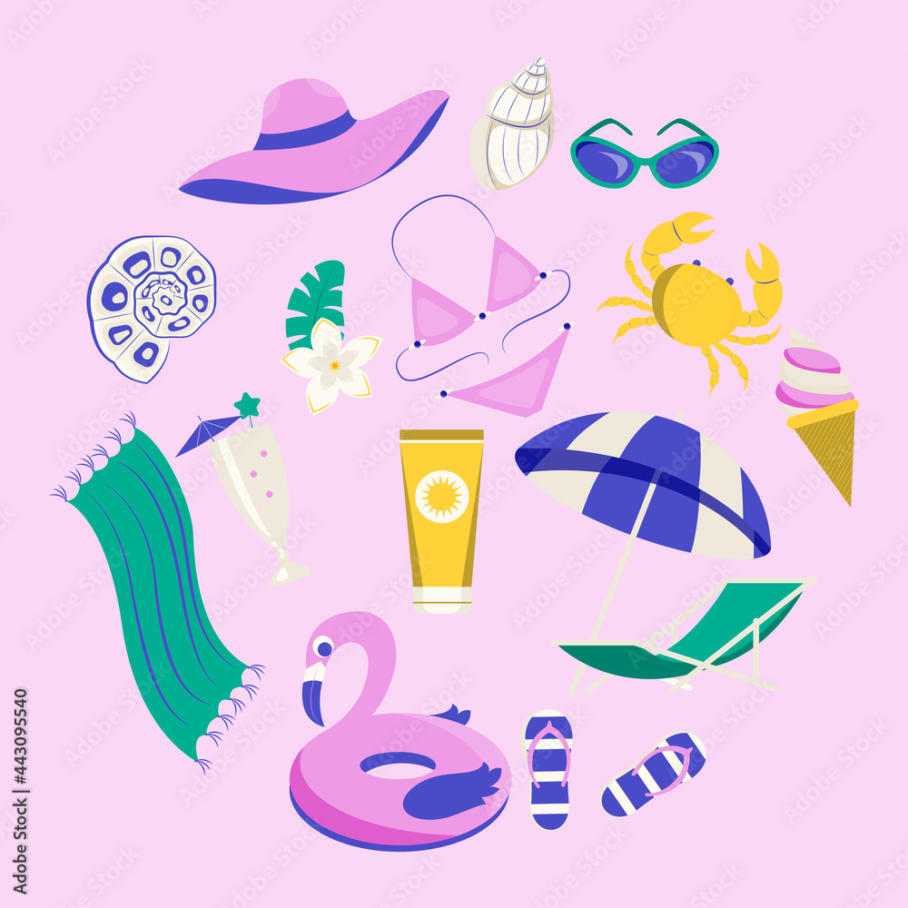 Vector summertime clipart. Summer set with cute beach elements: bikini, flip flops, swim ring, deck chair, glasses. flat cartoon vector illustration.

