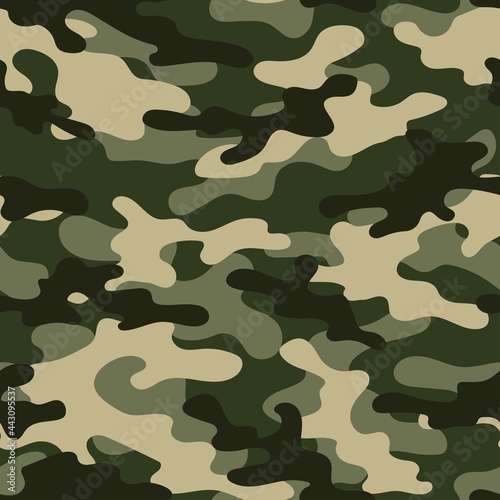 Camouflage green seamless pattern. Trendy style camo, repeat print. Vector illustration. Khaki texture, military army hunting