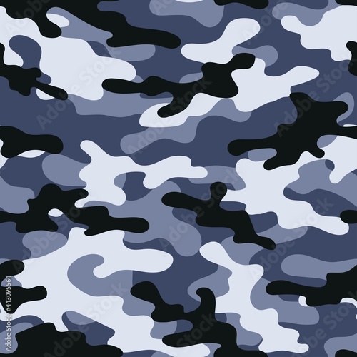 Blue Camouflage seamless pattern. Trendy style camo, repeat print. Vector illustration. Khaki texture, military army hunting