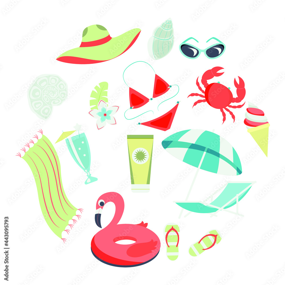 Obraz premium Vector summertime summer sale banner. Summer set with cute beach elements: bikini, flip flops, swim ring, deck chair, glasses. flat cartoon vector illustration. Circle composition. Season discount ann