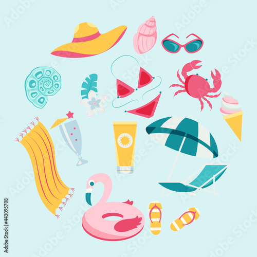 Vector summertime clipart. Summer set with cute beach elements: bikini, flip flops, swim ring, deck chair, glasses. flat cartoon vector illustration.


