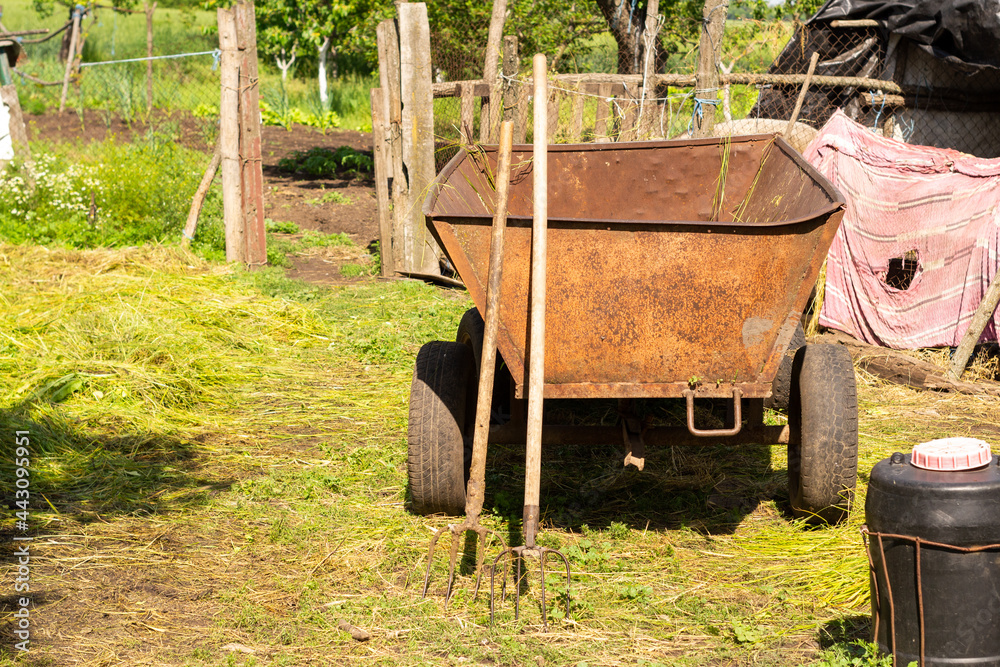 Two pairs of hay forks near a metal cart in the farm yard. Farmer's and breeder's working tool. In the summer, the farmer has a hard work to do. Two pairs of hay forks near a metal cart in the farm yard. Farmer's and breeder's working tool. In the summer, the farmer has a hard work to do.