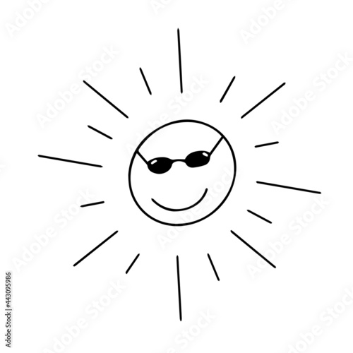 Doodle vector hand drawn sun in sunglasses, positive vibes, summer items, vacation, hot weather, sun protection, clip art. Isolated icon for typography and digital use.