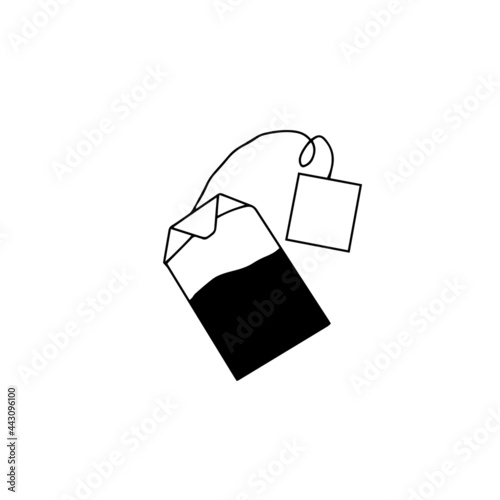 Tea bag vector doodle icon black and white. For tea party, hot drink, black herbal tea thread with label tag. Hand drawn simple tea bag for typography and digital use.