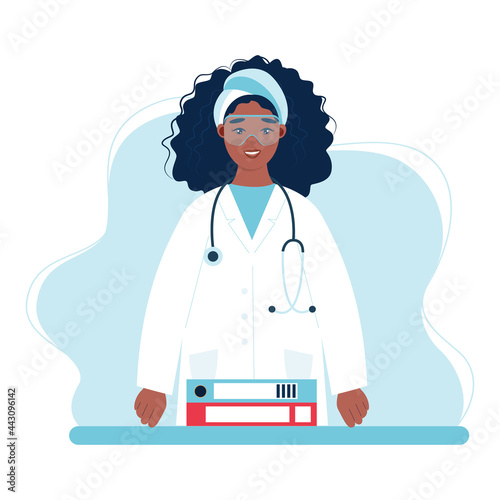 female doctor with stethoscope in standing position. Online doctor, Health chech up or medical insurance concept. Catroon Flat vector illustration.

