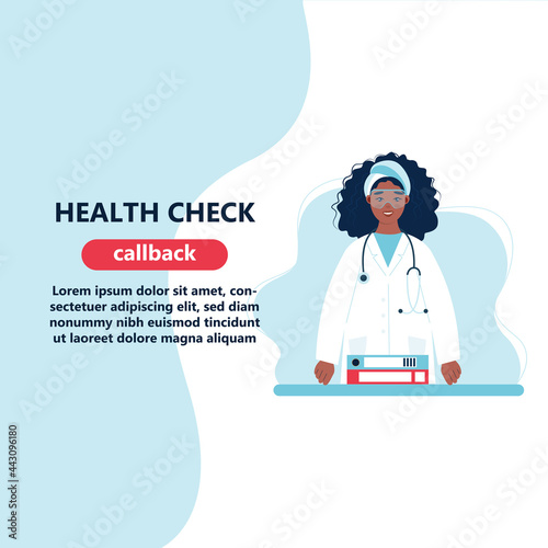 female doctor with stethoscope in standing position. Online doctor, Health chech up or medical insurance concept. Catroon Flat vector illustration.

