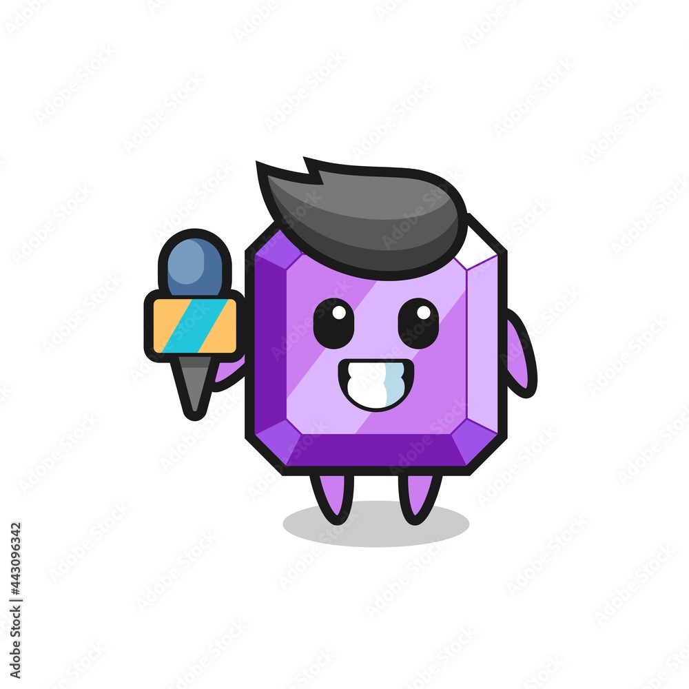Character mascot of purple gemstone as a news reporter