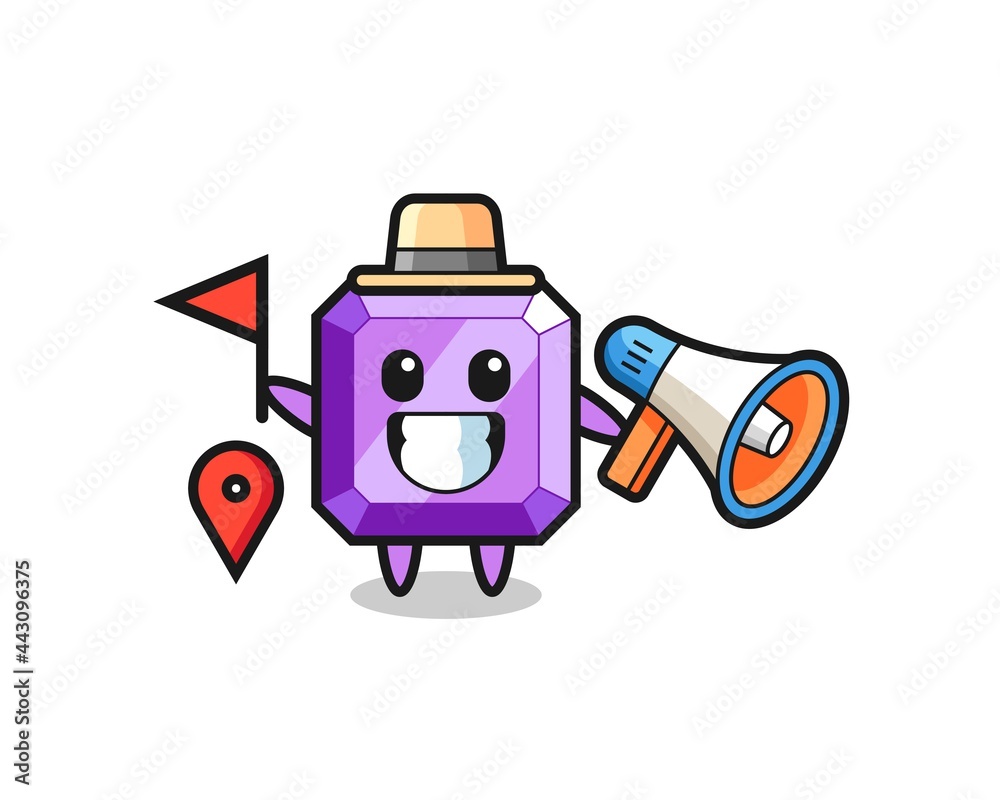 Character cartoon of purple gemstone as a tour guide Character cartoon of purple gemstone as a tour guide