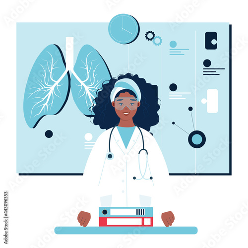 female doctor with stethoscope in standing position. Online doctor, Health chech up or medical insurance concept. Catroon Flat vector illustration.

