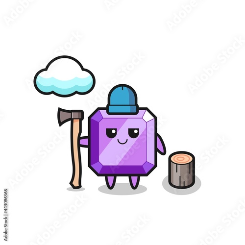 Character cartoon of purple gemstone as a woodcutter