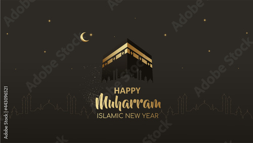 happy muharram islamic new year card design with holy kaaba