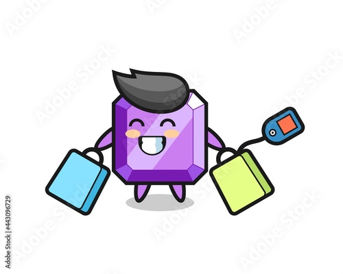 purple gemstone mascot cartoon holding a shopping bag