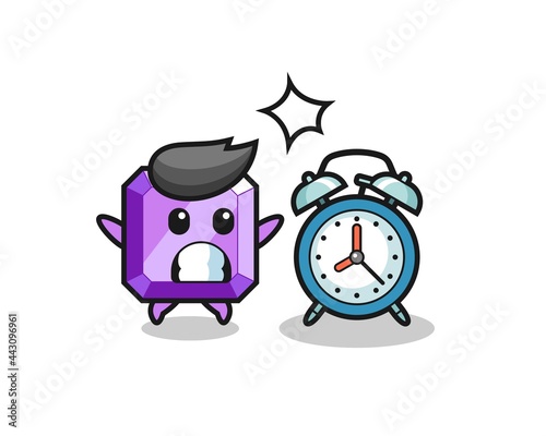 Cartoon Illustration of purple gemstone is surprised with a giant alarm clock