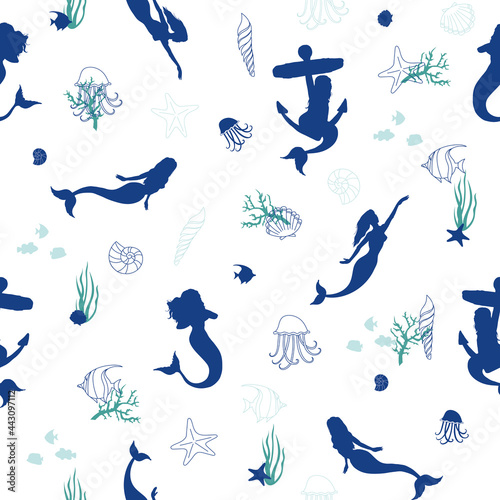 Seamless mermaid pattern. Vector marine background. pattern with elegant beautiful mermaids, silhouette