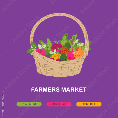 "nfarmer market poster with fruits and vegetables. Vector design template of fresh veggies and natural farm organic radish or cauliflower and broccoli cabbage, zucchini squash or cucumber and carrot "