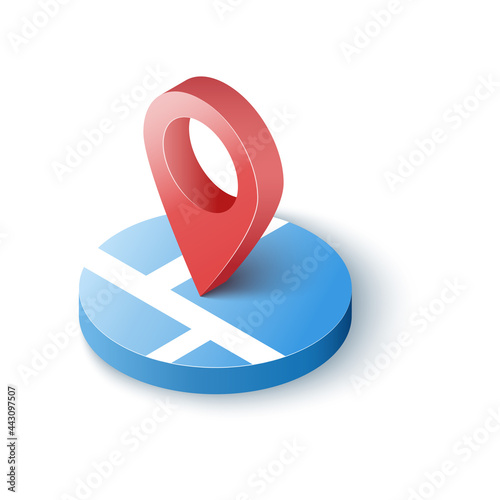 Navigator 3D isometric pin location checking on world map background. Locator position point. Vector art illustration