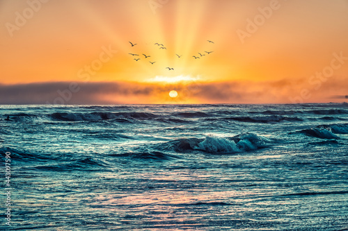 Fototapete Dramatic and moody Atlantic Ocean sunset in Cape Town, South Africa