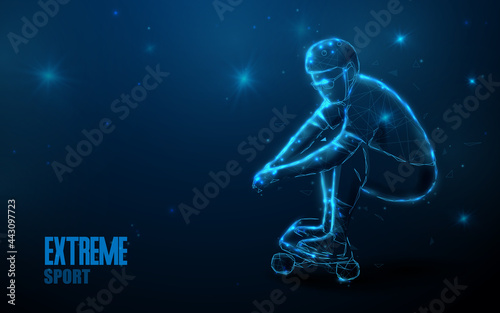 Teen riding on a skateboard. Low polygon line, triangles, and particle style design. Illustration vector