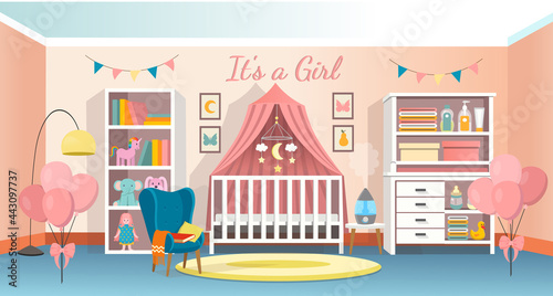 Modern room interior for newborn kid. Interior bedroom for a baby with a cot, a dresser, armchair, a shelf. Vector illustration.
