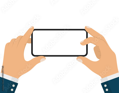 Businessman Hand Holding Smartphone Taking Picture in Horizontal Position or Landscape Mode.