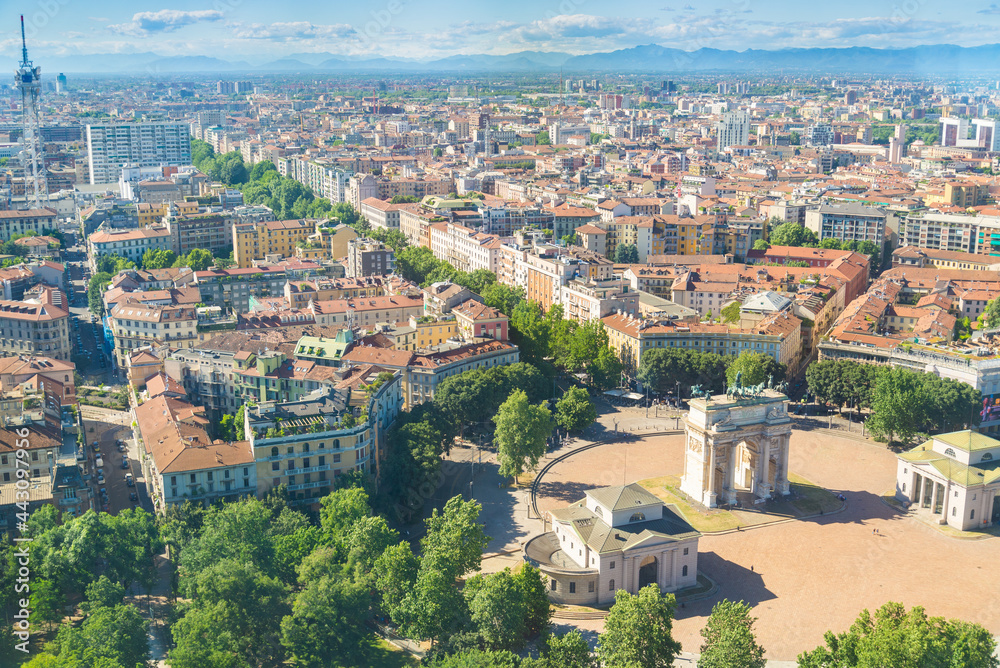 Aerial view of Milan, Italy. In the foreground the famous 