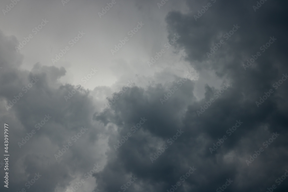 Background consists of large gray clouds in sky before heavy rain.  Natural background. Weather forecast concept. 