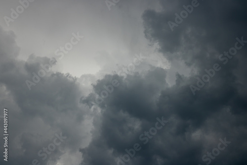 Background consists of large gray clouds in sky before heavy rain. Natural background. Weather forecast concept. 