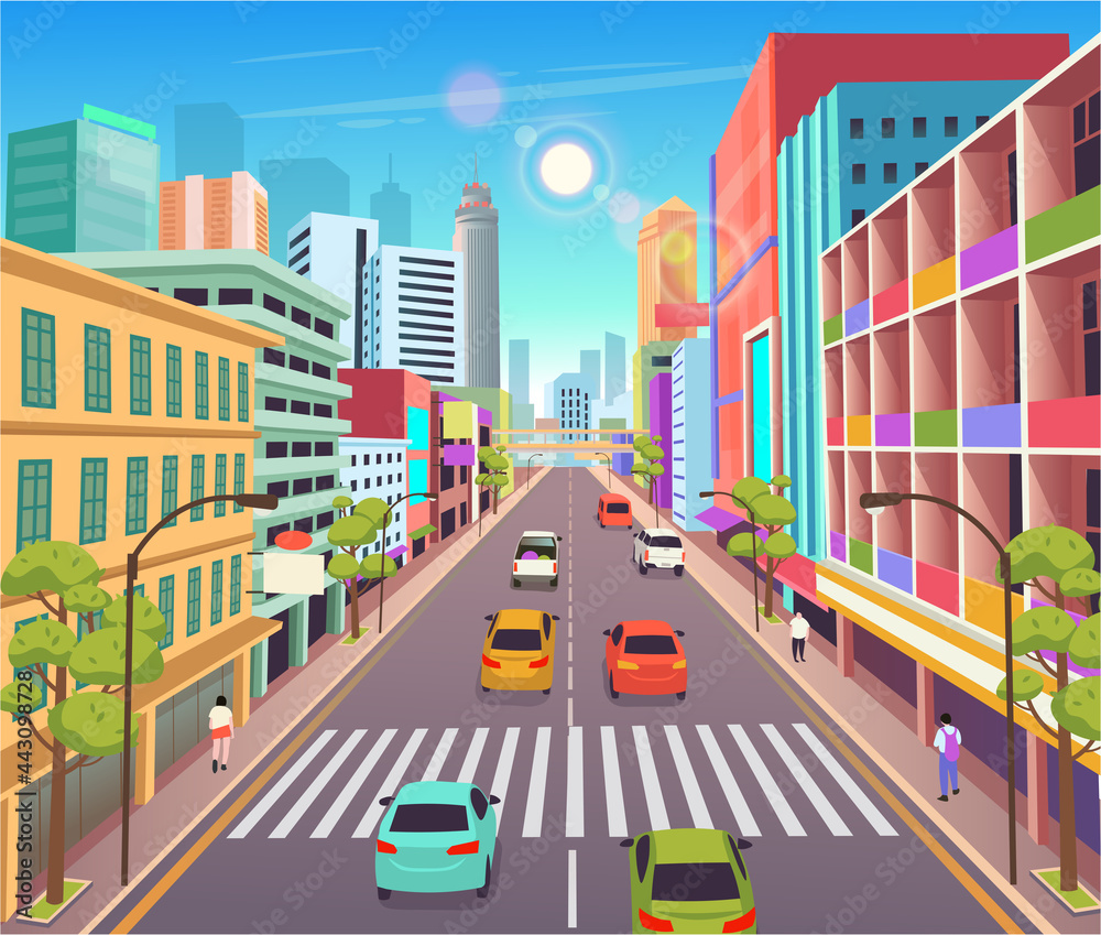 Сity building houses with  illustration in cartoon   skyscraper buildings view modern  road with zebra  crossing. Stock Vector | Adobe Stock