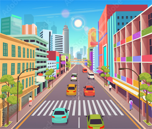 Fototapeta Naklejka Na Ścianę i Meble -  Сity building houses with shops.Vector illustration in cartoon style.Urban skyscraper buildings view modern cityscape.Perspective road  with zebra crossing.
