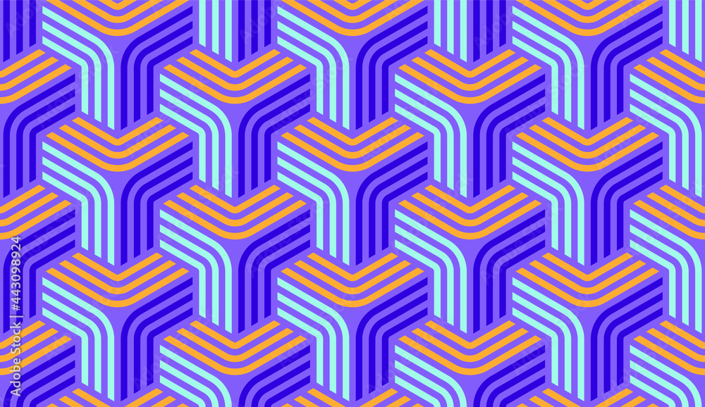 Seamless 3D pattern. Optical illusions. Op Art. Template for fabric or wrapping. Modern textile. Geometric ornament. Stylish background. Wallpapers. Pastel colors. Luxury 3D Tiles.