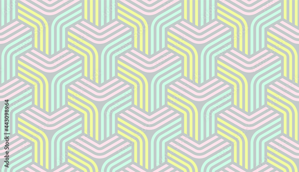 Seamless 3D pattern. Optical illusions. Op Art. Template for fabric or wrapping. Modern textile. Geometric ornament. Stylish background. Wallpapers. Pastel colors. Luxury 3D Tiles.