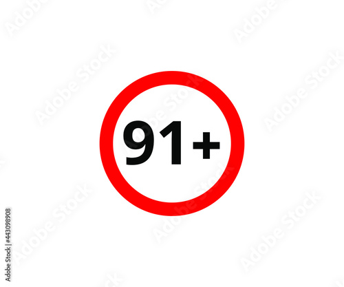 91+ restriction flat sign isolated on white background. 91 plus Age limit symbols