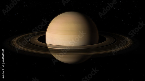 Vista desde el espacio de Saturno con estrellas de fondo. 