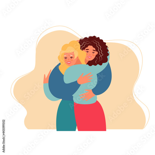 Vector cartoon illustration of Happy meeting of two Friends hugging. Two woman happy to each other. Love, relatives, friends.


