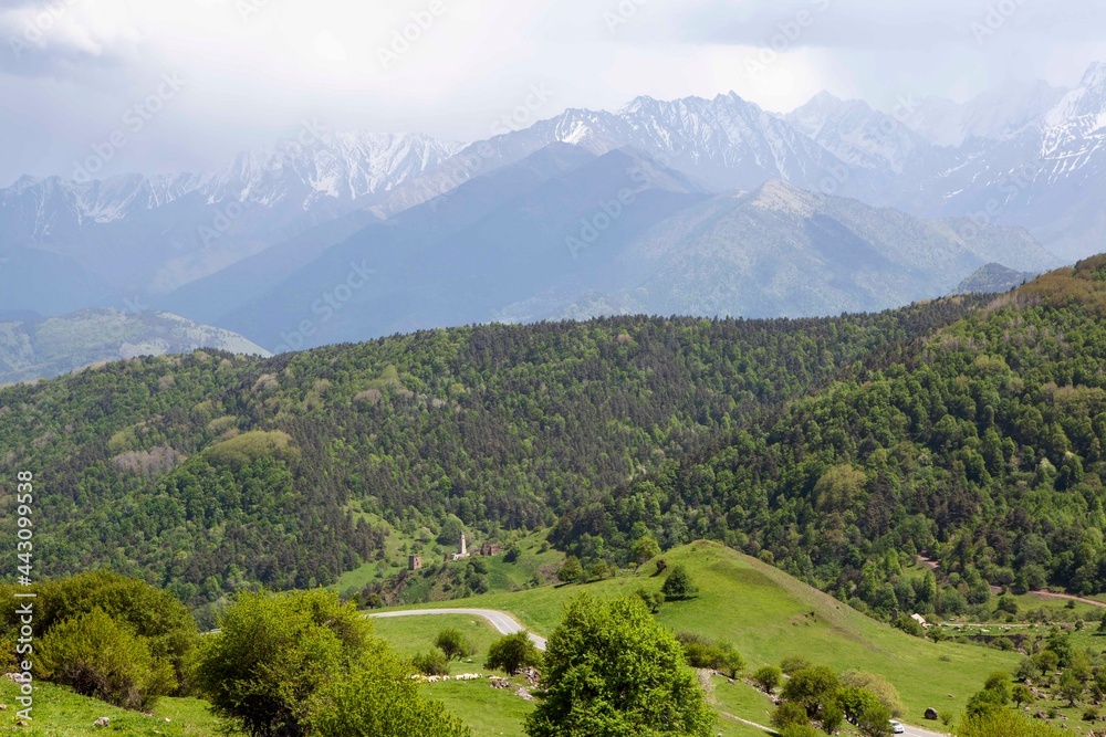 Panorama of the Caucasus mountains. Mountainous Ingushetia. Russia